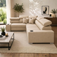 Sienna 5 Seater L Shape Fabric Sofa with Adjustable Headrests & Cup Holders | Modern Corner Sofa for Living Room