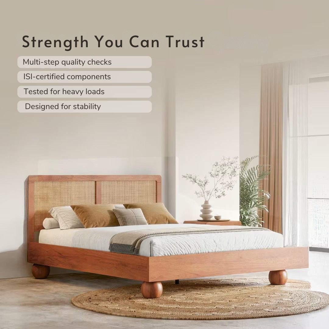 Japanese Style King Size Wooden Bed with Cane Backrest