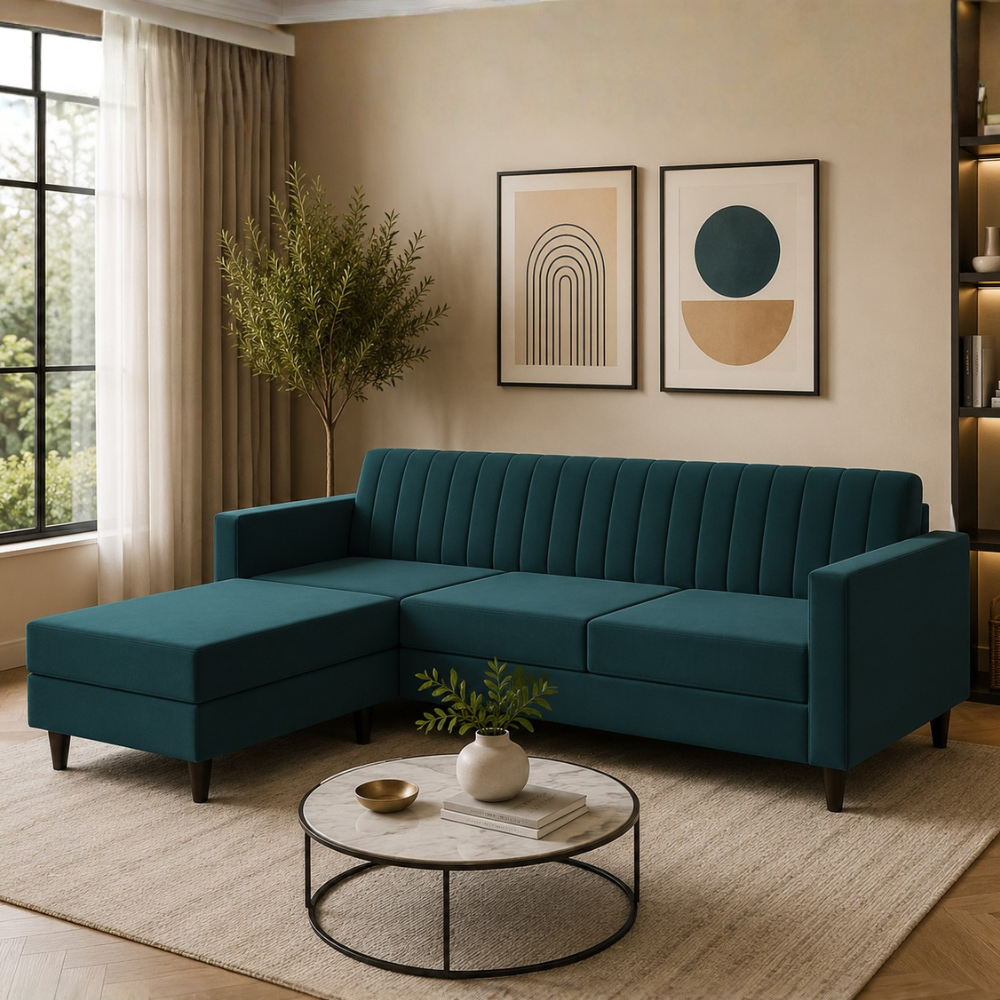 Sovana 4 Seater L-Shape Sofa with Ottoman – Modern Fabric Sectional for Living Room