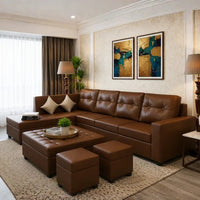 Austin 8 Seater L Shape Leatherette Sofa Set with Ottoman & Puffy – Luxury Modern Living Room Sofa