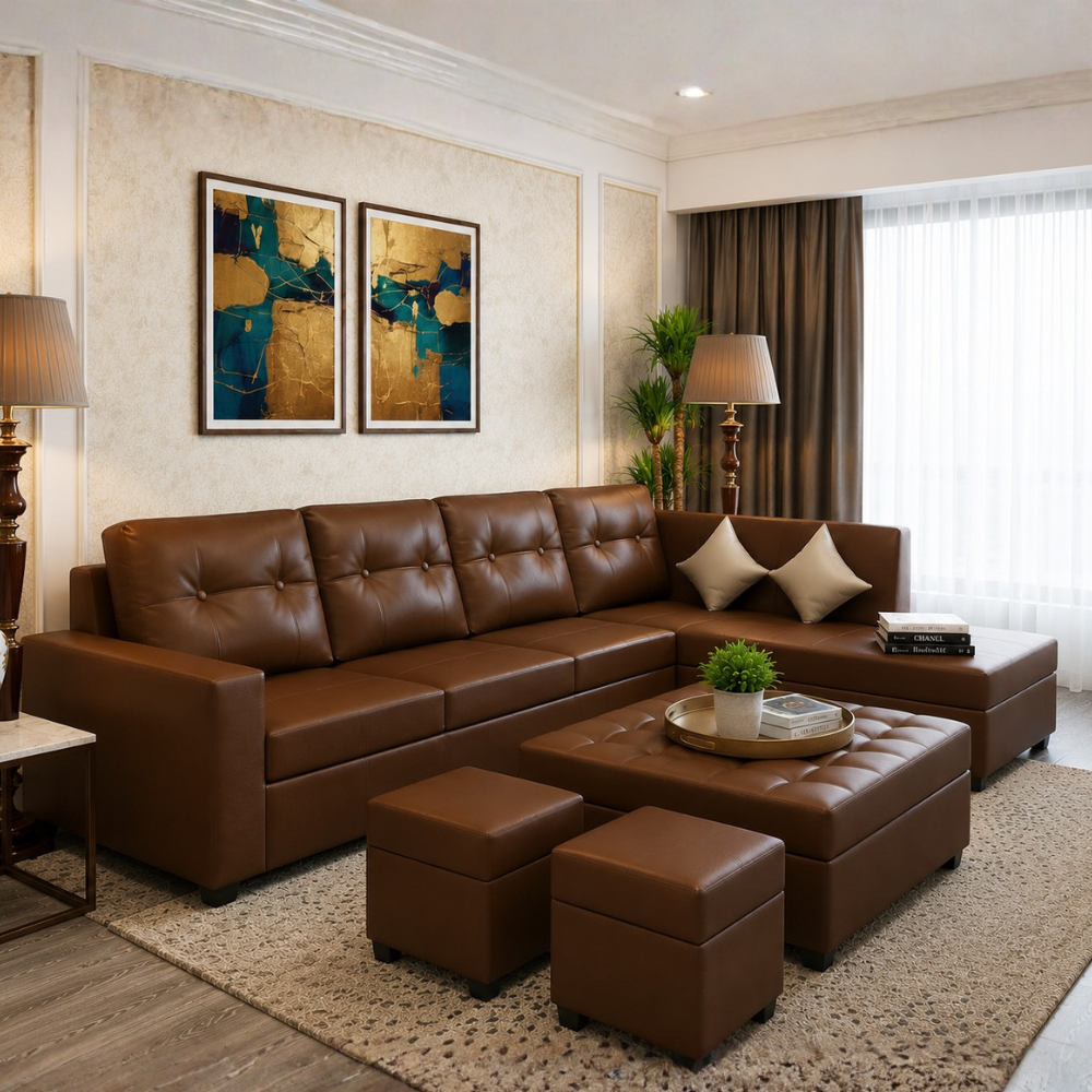 Austin 8 Seater L Shape Leatherette Sofa Set with Ottoman & Puffy – Luxury Modern Living Room Sofa