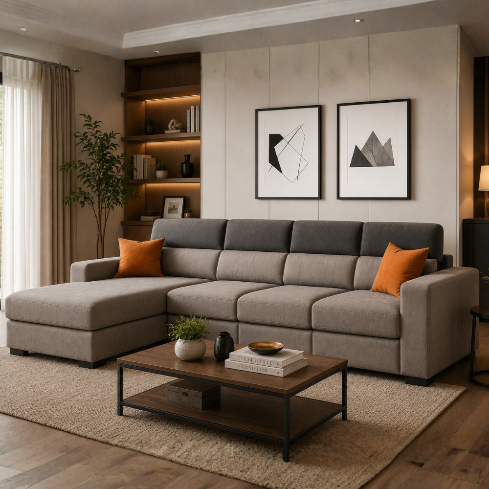 Zavira 5 Seater Modern L-Shaped Sectional Sofa with Chaise Lounge – Contemporary Gray Modular Couch for Living Room