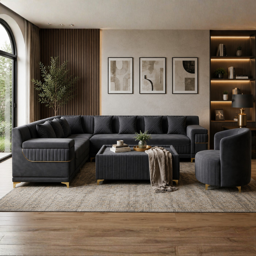 Monarch Luxury L Shape Velvet 8 seater Sofa Set with Ottoman & Accent Chair – Modern Sectional Living Room Sofa
