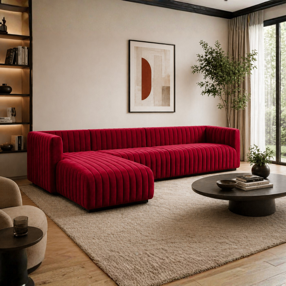 Verlino Velvet L Shape 5 Seater Sofa – Modern Red Designer Sectional Sofa for Living Room