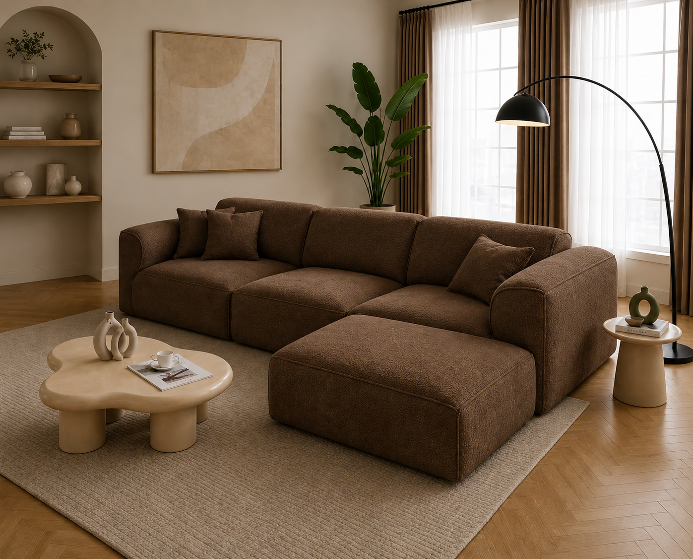 Modura 4 Seater Modern Curved Sectional Sofa with Ottoman  Cream L-Shaped Modular Couch