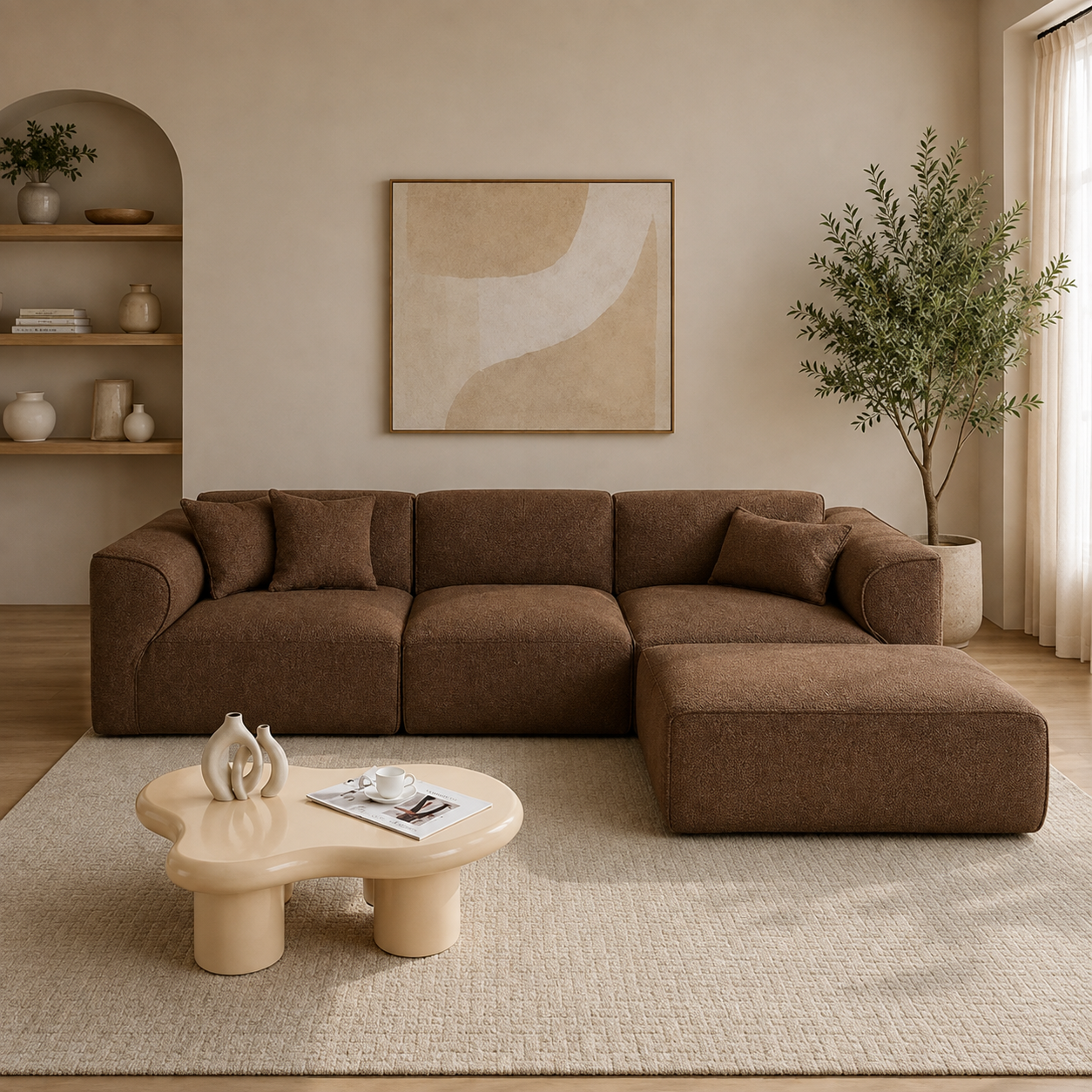 Modura 4 Seater Modern Curved Sectional Sofa with Ottoman  Cream L-Shaped Modular Couch