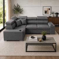 Sienna 5 Seater L Shape Fabric Sofa with Adjustable Headrests & Cup Holders | Modern Corner Sofa for Living Room