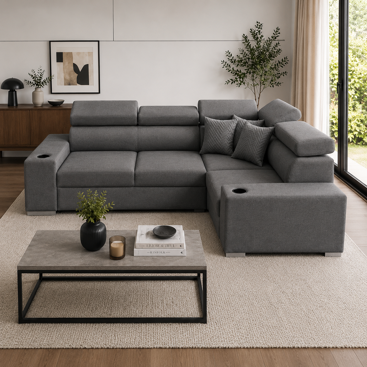 Sienna 5 Seater L Shape Fabric Sofa with Adjustable Headrests & Cup Holders | Modern Corner Sofa for Living Room