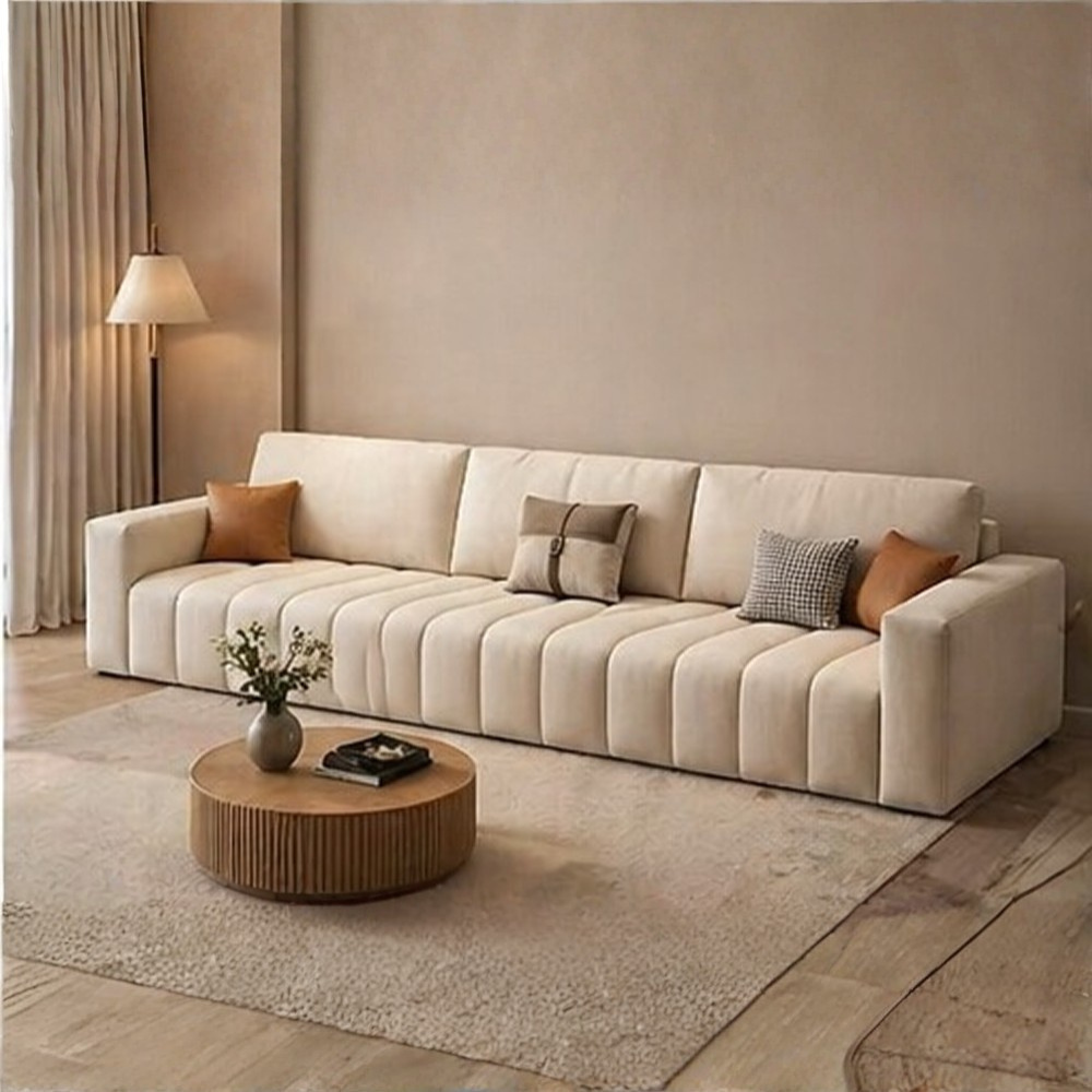 Averra Cream Fabric 4 Seater Sofa with Ottoman – Modern Minimalist Living Room Sofa