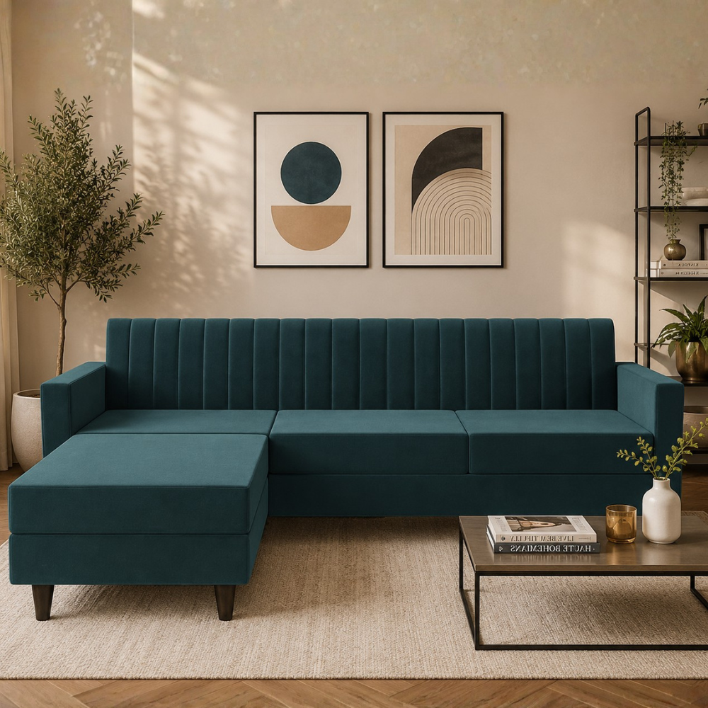 Sovana 4 Seater L-Shape Sofa with Ottoman – Modern Fabric Sectional for Living Room