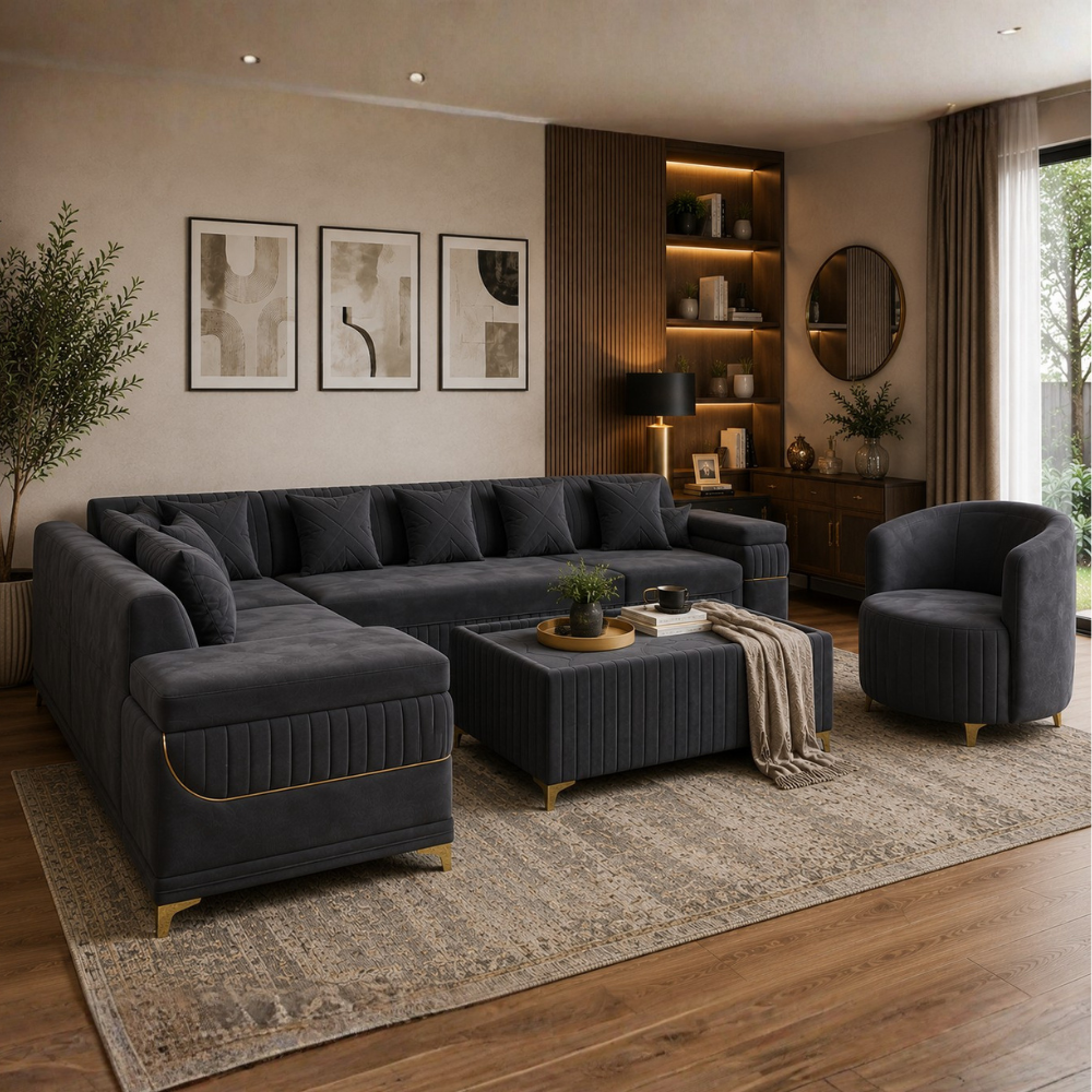 Monarch Luxury L Shape Velvet 8 seater Sofa Set with Ottoman & Accent Chair – Modern Sectional Living Room Sofa