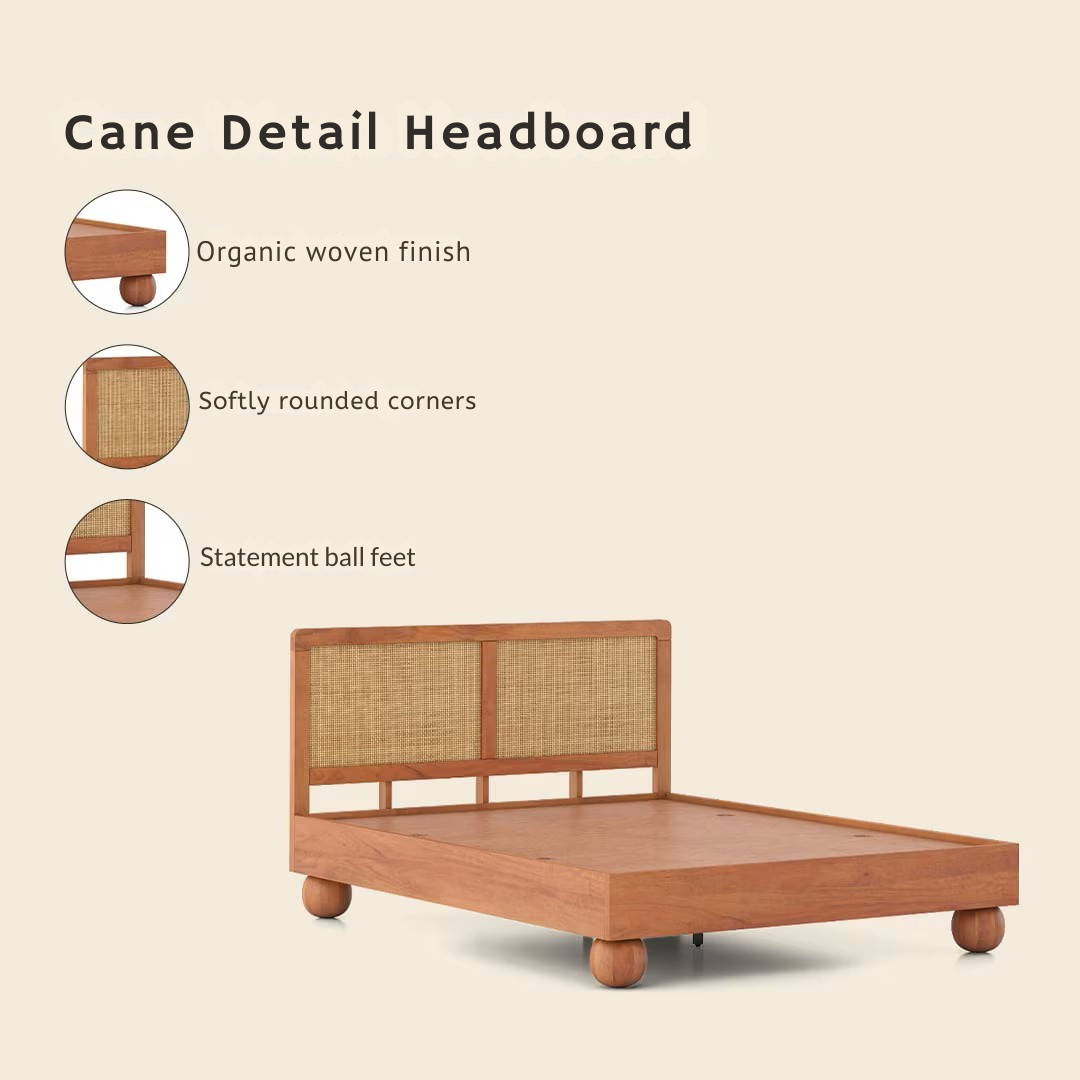 Japanese Style King Size Wooden Bed with Cane Backrest