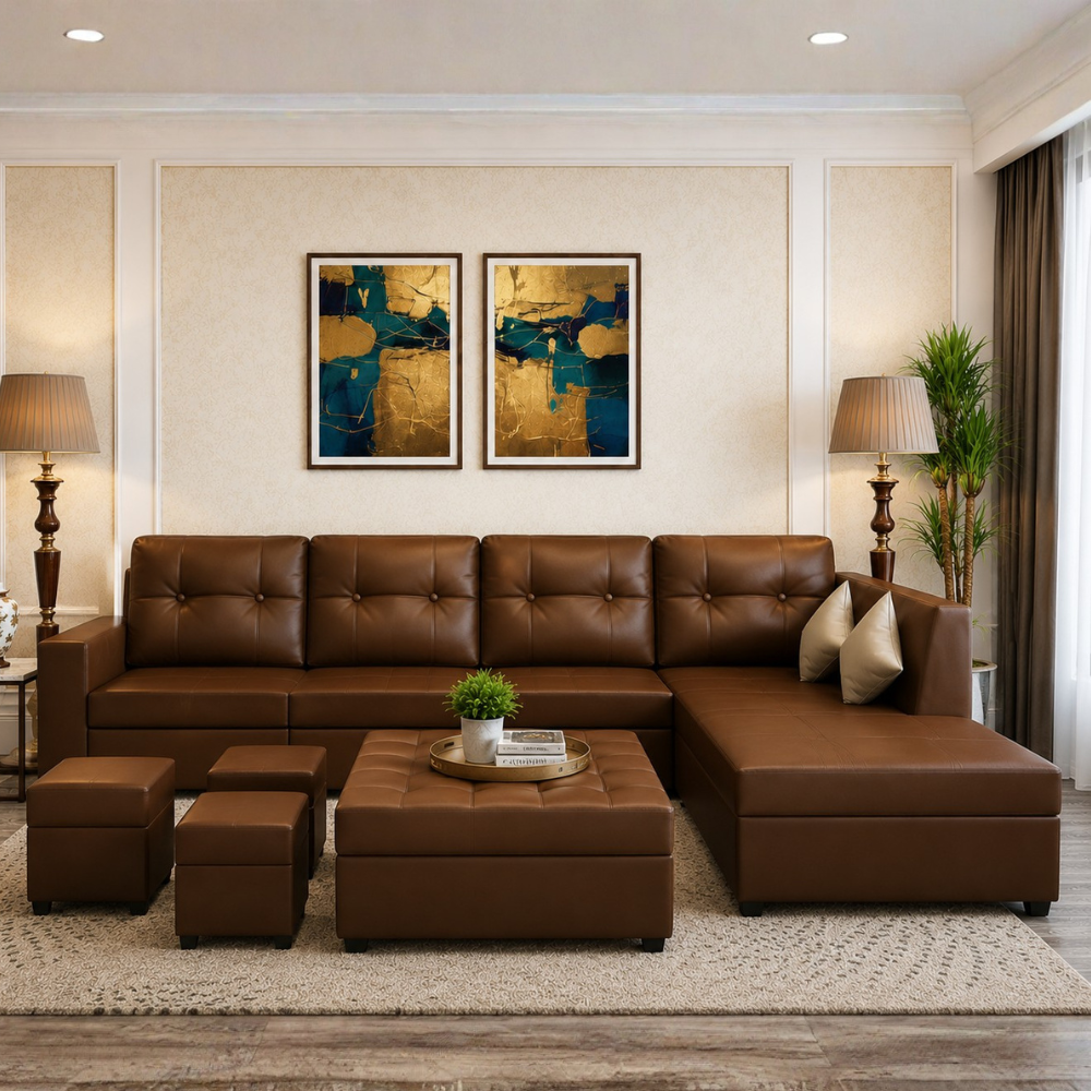 Austin 8 Seater L Shape Leatherette Sofa Set with Ottoman & Puffy – Luxury Modern Living Room Sofa