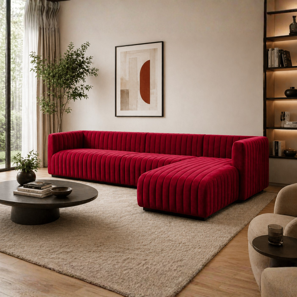 Verlino Velvet L Shape 5 Seater Sofa – Modern Red Designer Sectional Sofa for Living Room