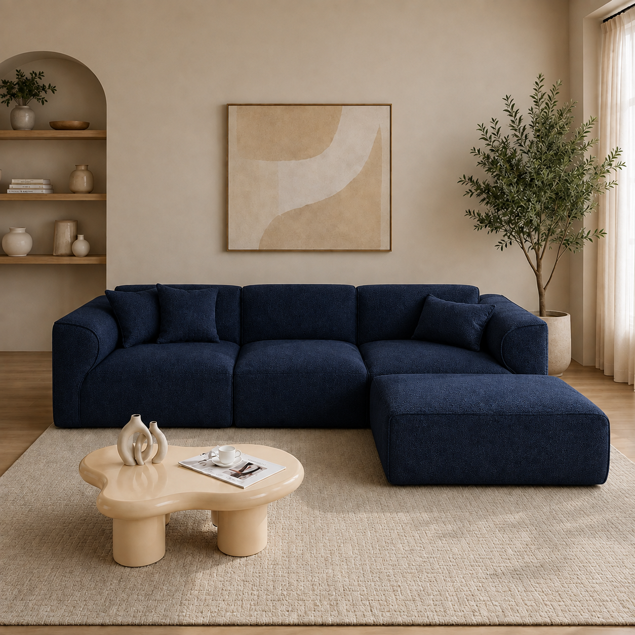 Modura 4 Seater Modern Curved Sectional Sofa with Ottoman  Cream L-Shaped Modular Couch