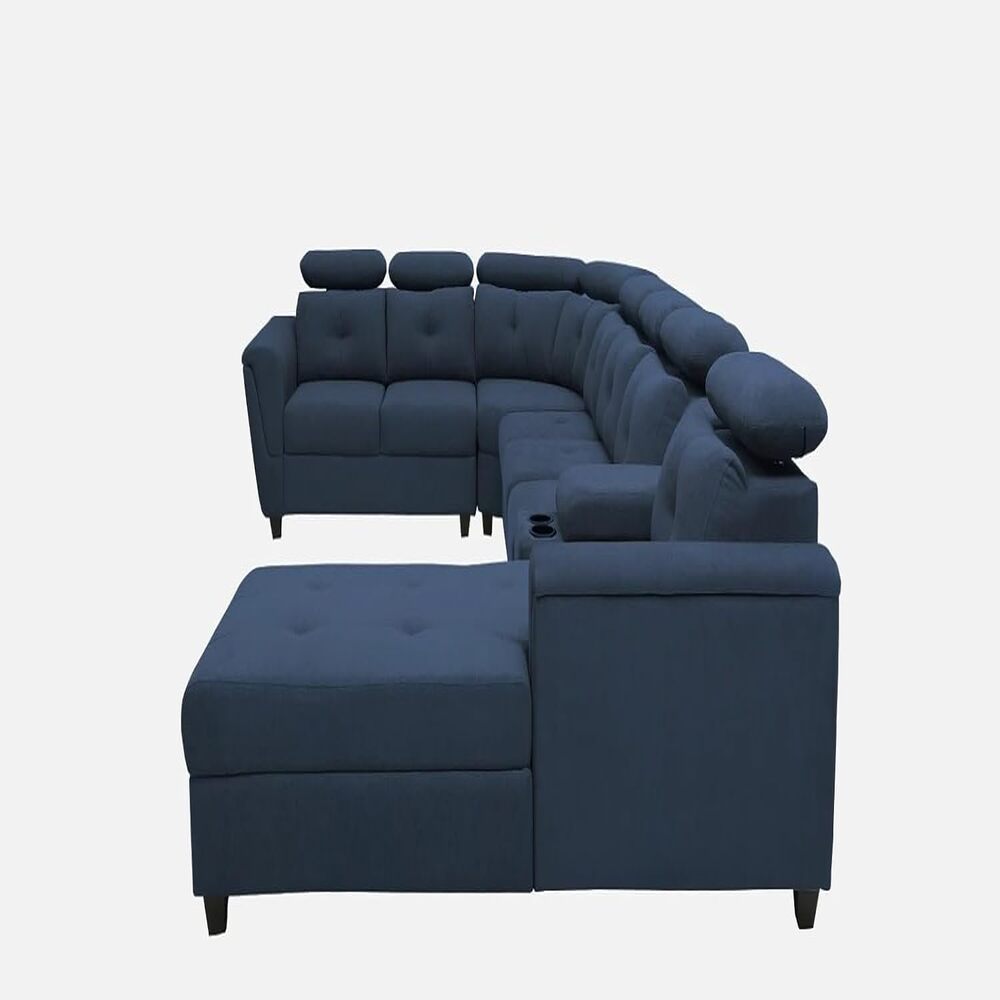 Arnold 8 Seater Sofa with Lounger and Cup Holder Beige | Corner Sofa Couch with Moveable Headrest | U Shape Sectional Sofa Set Living Room Office Home