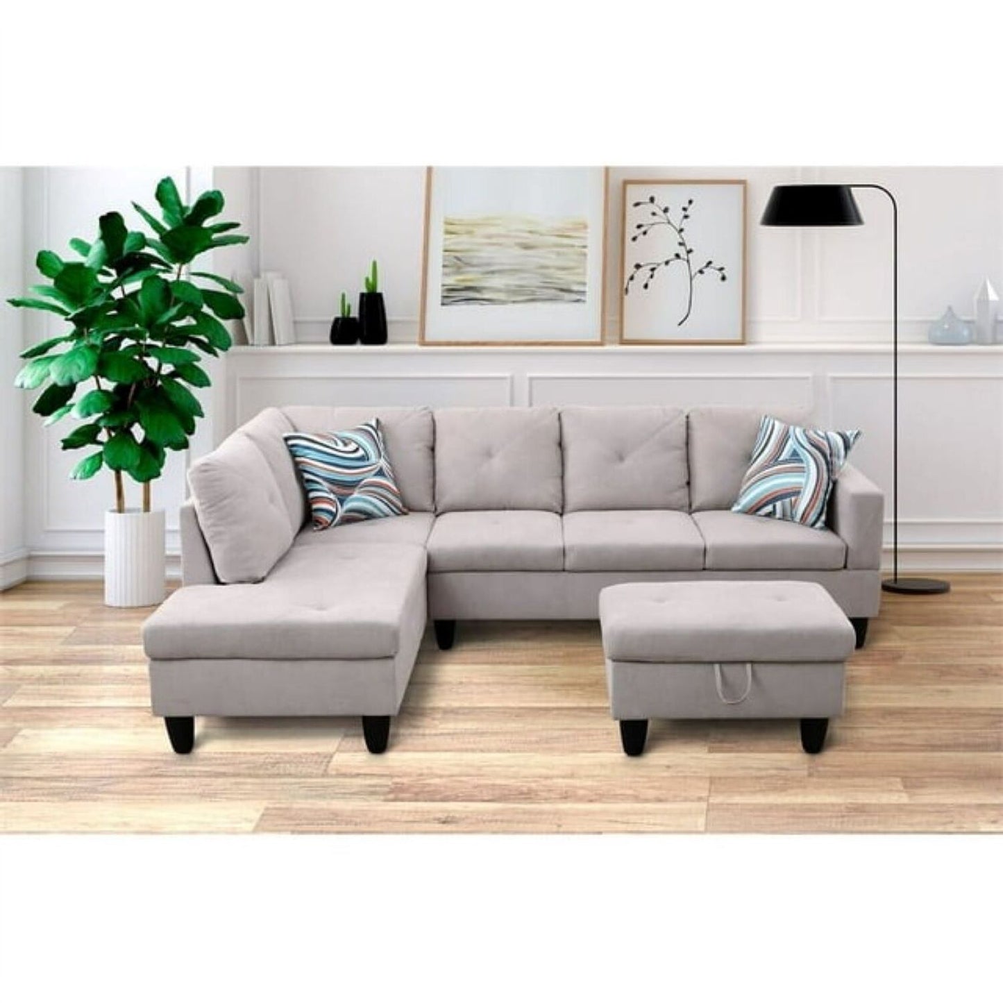 Christen 5 Seater L Shape Fabric Sofa Set with Storage Ottoman