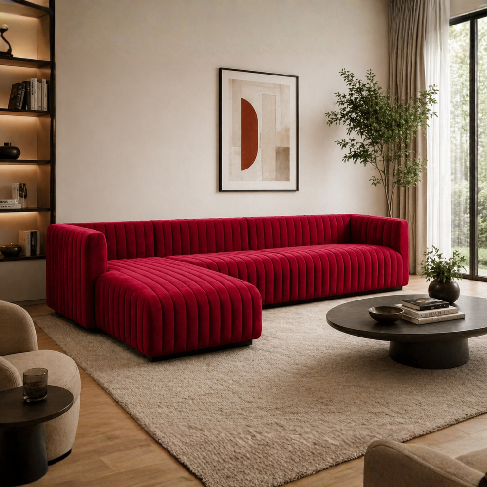 Verlino Velvet L Shape 5 Seater Sofa – Modern Red Designer Sectional Sofa for Living Room