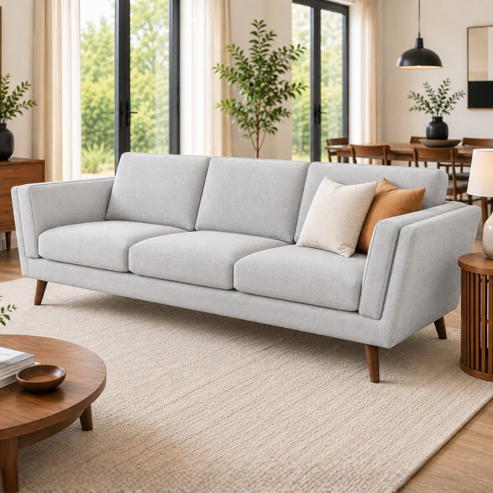 Saffron 3 Seater Premium Fabric Sofa for Living Room | Modern Upholstered Couch with Cushioned Seating