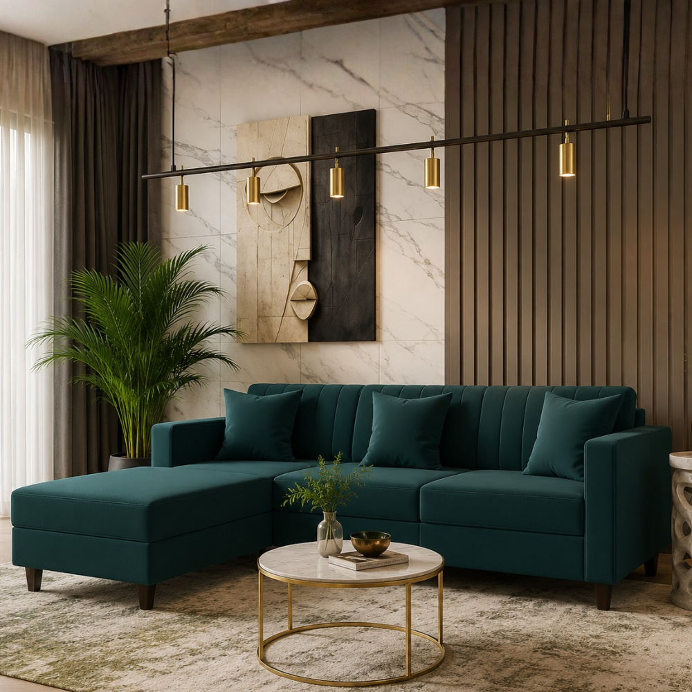 Sovana 4 Seater L-Shape Sofa with Ottoman – Modern Fabric Sectional for Living Room