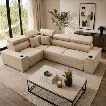 Sienna 5 Seater L Shape Fabric Sofa with Adjustable Headrests & Cup Holders | Modern Corner Sofa for Living Room