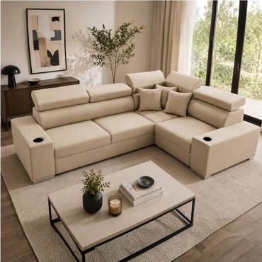 Sienna 5 Seater L Shape Fabric Sofa with Adjustable Headrests & Cup Holders | Modern Corner Sofa for Living Room