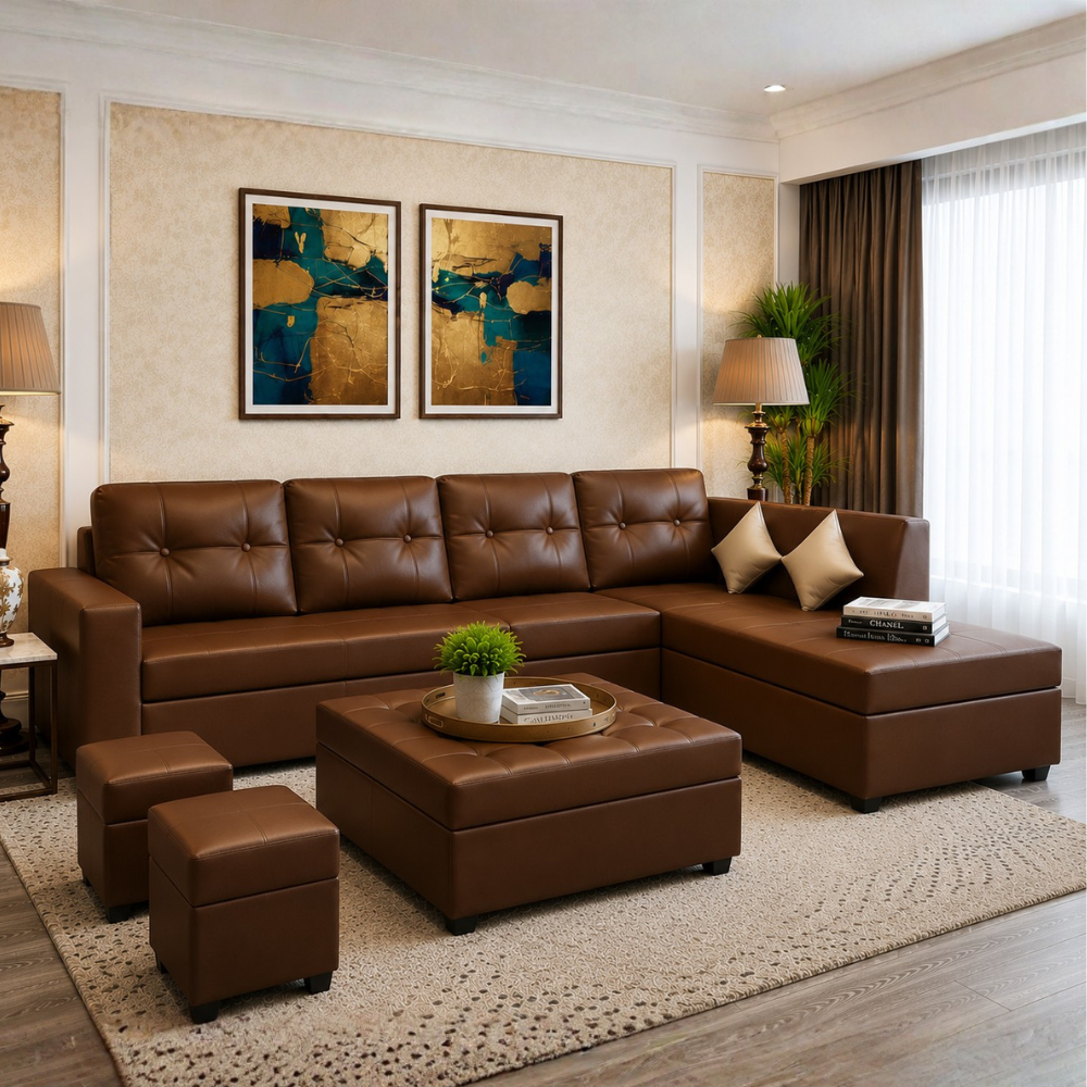 Austin 8 Seater L Shape Leatherette Sofa Set with Ottoman & Puffy – Luxury Modern Living Room Sofa