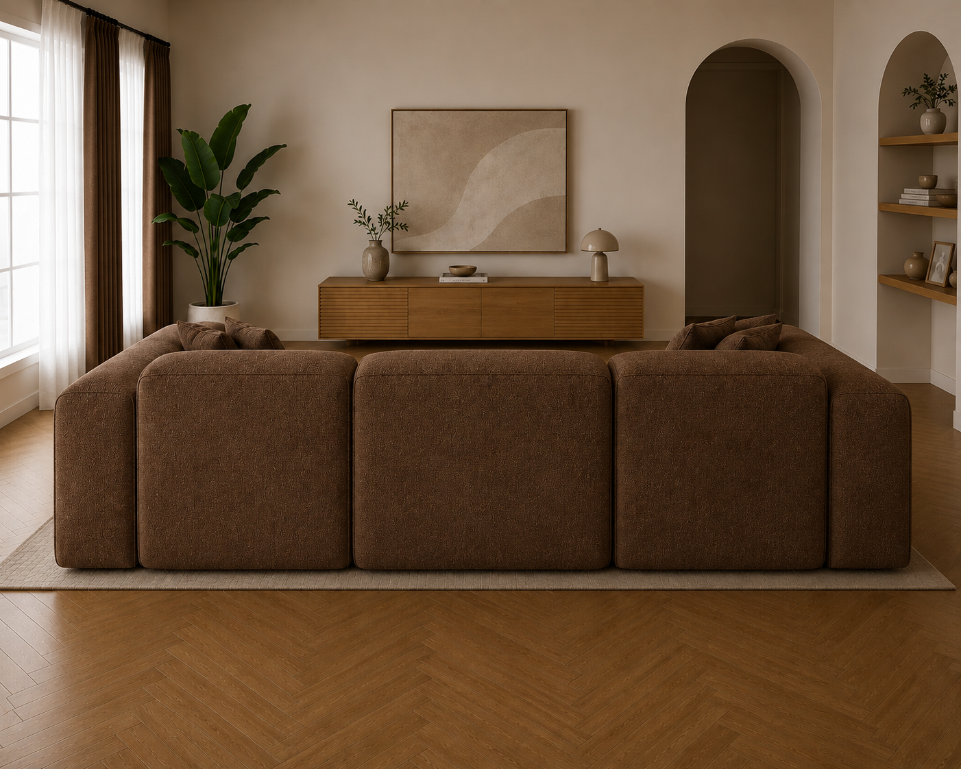 Modura 4 Seater Modern Curved Sectional Sofa with Ottoman  Cream L-Shaped Modular Couch
