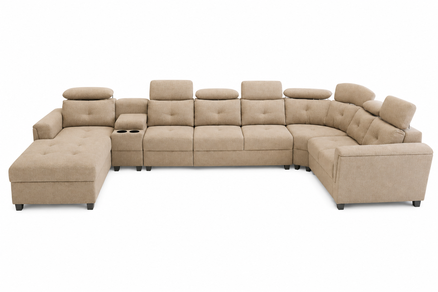 Arnold 8 Seater Sofa with Lounger and Cup Holder Beige | Corner Sofa Couch with Moveable Headrest | U Shape Sectional Sofa Set Living Room Office Home