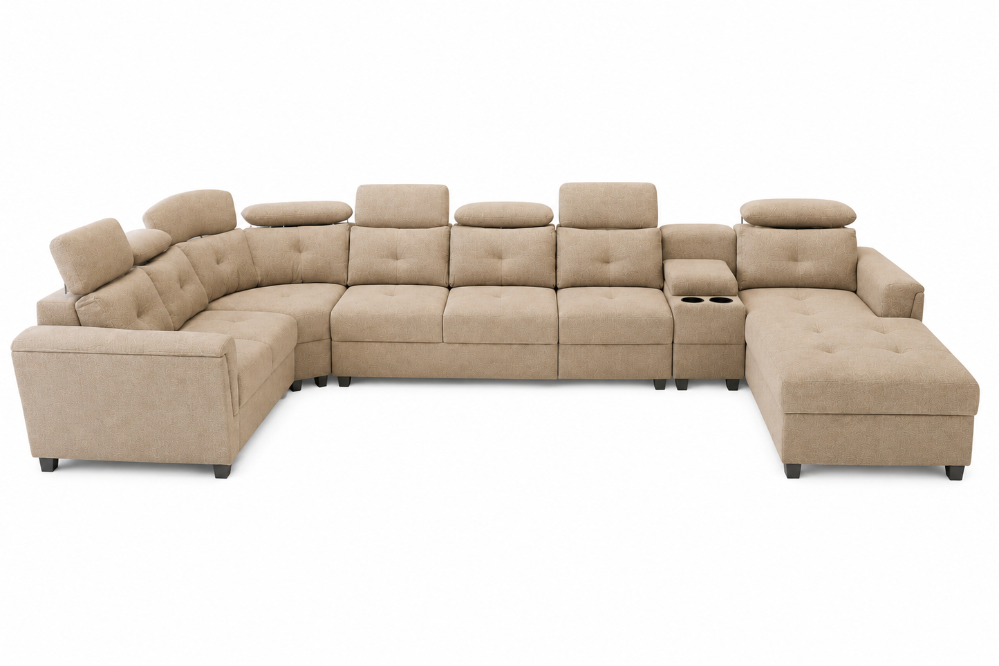 Arnold 8 Seater Sofa with Lounger and Cup Holder Beige | Corner Sofa Couch with Moveable Headrest | U Shape Sectional Sofa Set Living Room Office Home