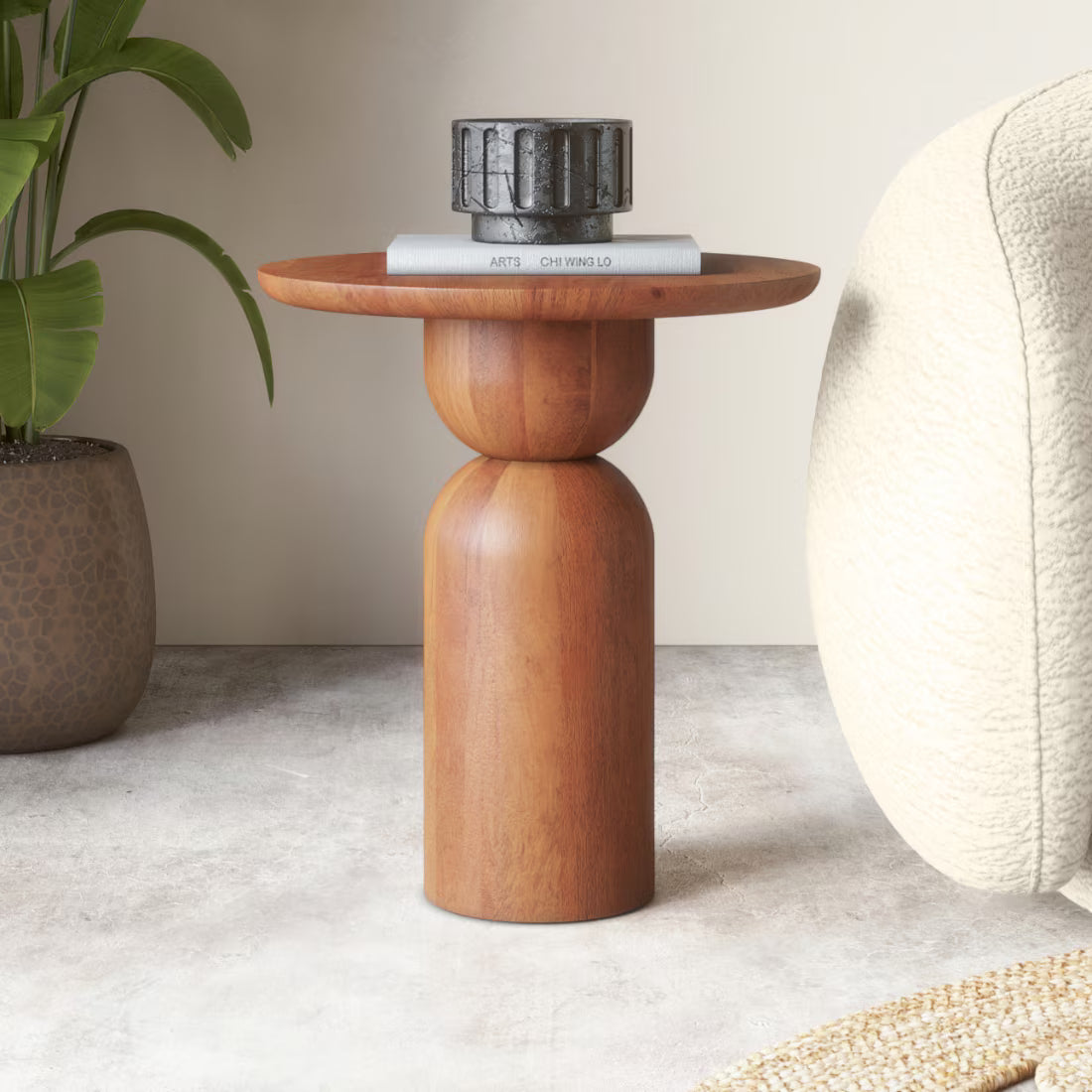 Japanese Modern Solid Wood Side Table | Designer Round End Table for Living Room & Bedroom