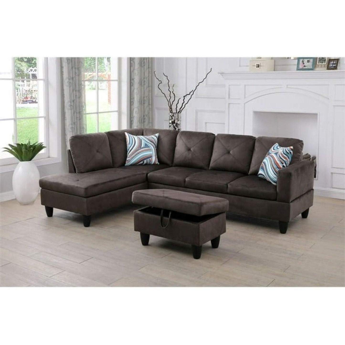 Christen 5 Seater L Shape Fabric Sofa Set with Storage Ottoman