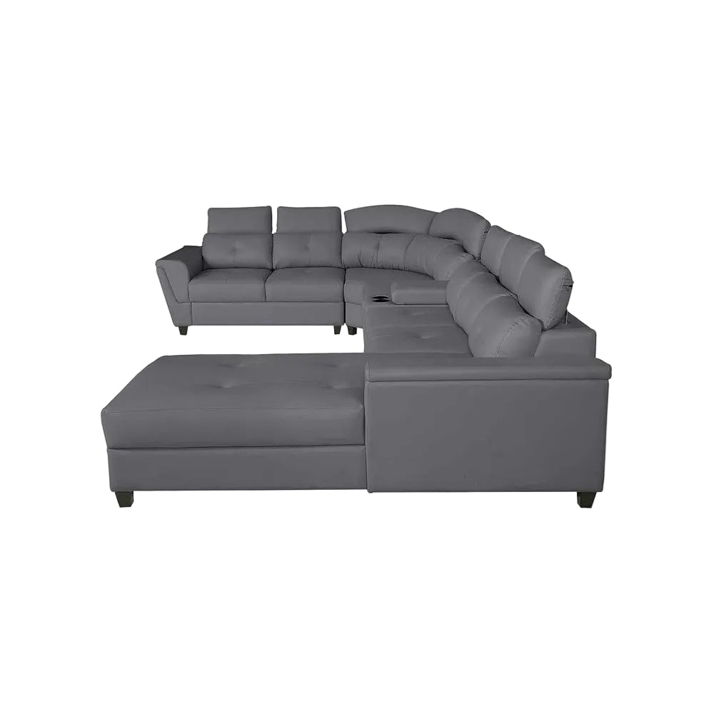 Arnold 8 Seater Sofa with Lounger and Cup Holder Beige | Corner Sofa Couch with Moveable Headrest | U Shape Sectional Sofa Set Living Room Office Home