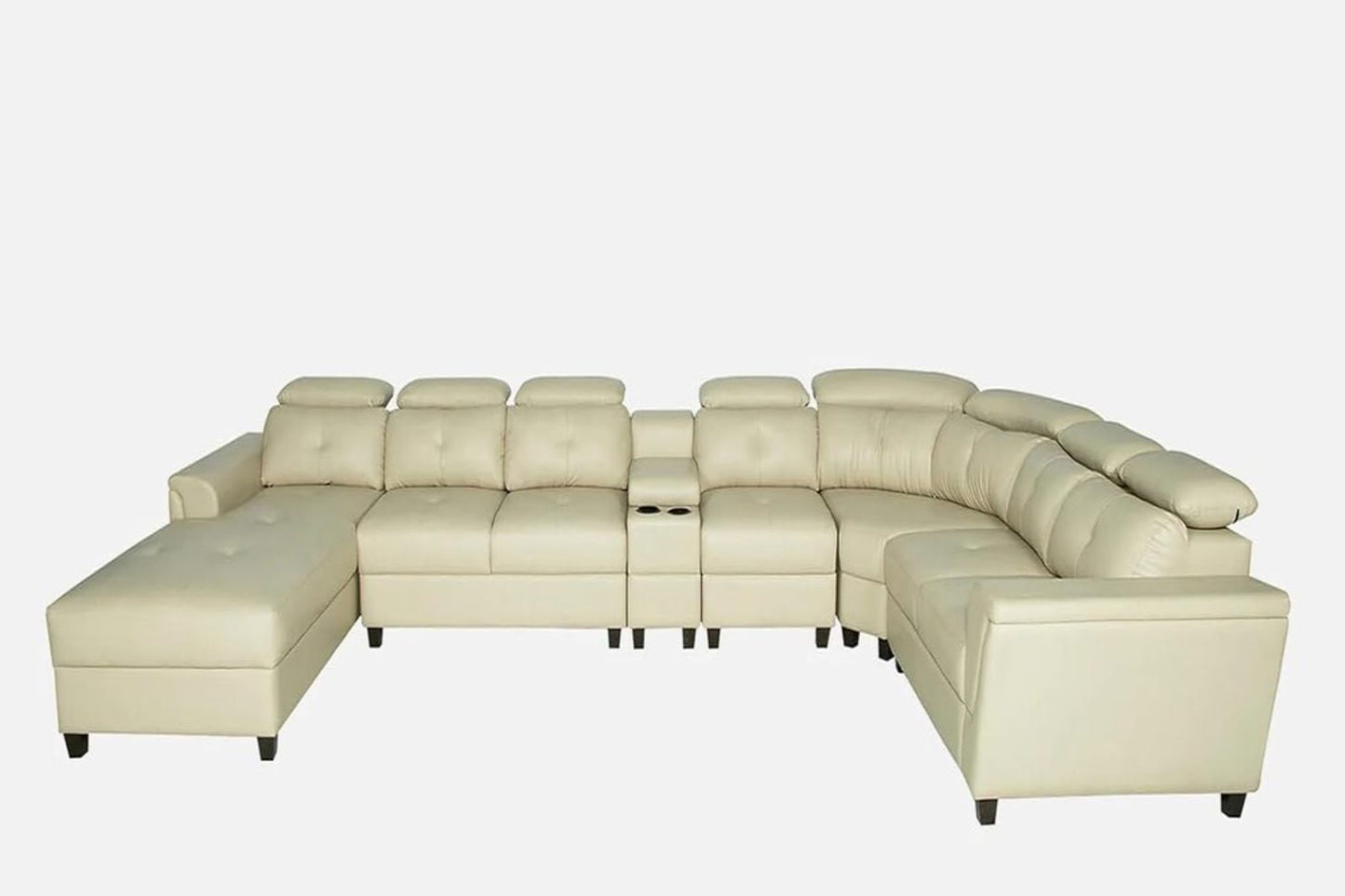 Arnold 8 Seater Sofa with Lounger and Cup Holder Beige | Corner Sofa Couch with Moveable Headrest | U Shape Sectional Sofa Set Living Room Office Home
