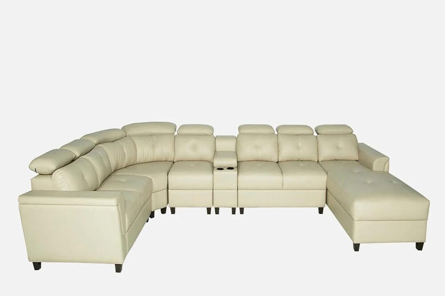 Arnold 8 Seater Sofa with Lounger and Cup Holder Beige | Corner Sofa Couch with Moveable Headrest | U Shape Sectional Sofa Set Living Room Office Home