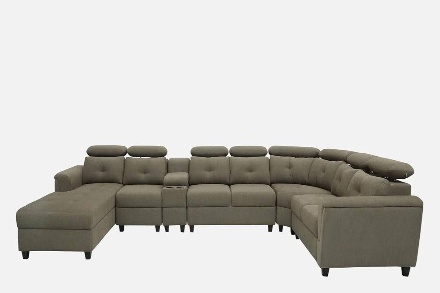 Arnold 8 Seater Sofa with Lounger and Cup Holder Beige | Corner Sofa Couch with Moveable Headrest | U Shape Sectional Sofa Set Living Room Office Home