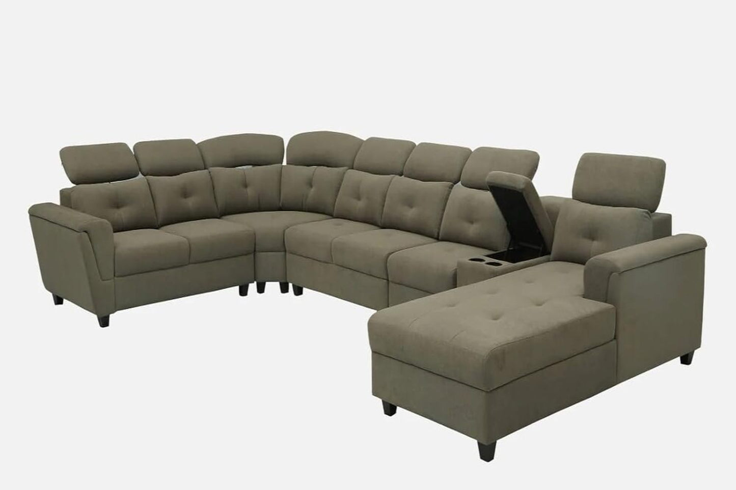 Arnold 8 Seater Sofa with Lounger and Cup Holder Beige | Corner Sofa Couch with Moveable Headrest | U Shape Sectional Sofa Set Living Room Office Home