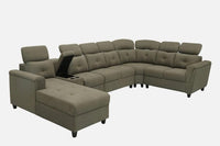 Arnold 8 Seater Sofa with Lounger and Cup Holder Beige | Corner Sofa Couch with Moveable Headrest | U Shape Sectional Sofa Set Living Room Office Home