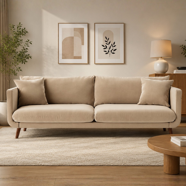 Celestio Modern 3 Seater Fabric Sofa for Living Room – Minimal Contemporary Couch in Beige