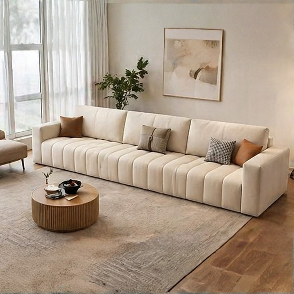 Averra Cream Fabric 4 Seater Sofa with Ottoman – Modern Minimalist Living Room Sofa
