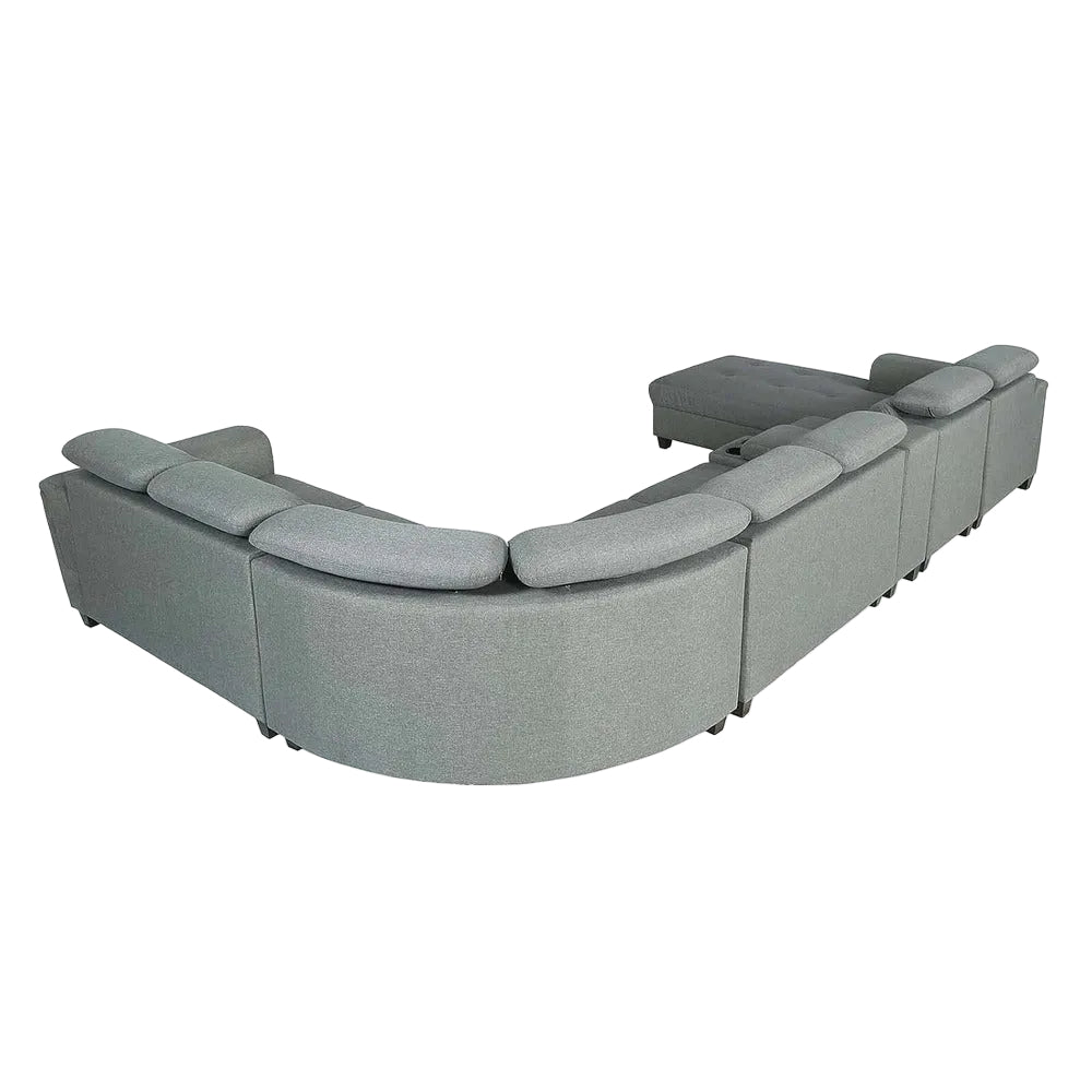 Arnold 8 Seater Sofa with Lounger and Cup Holder Beige | Corner Sofa Couch with Moveable Headrest | U Shape Sectional Sofa Set Living Room Office Home