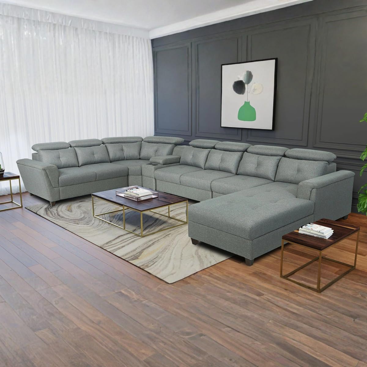 Arnold 8 Seater Sofa with Lounger and Cup Holder Beige | Corner Sofa Couch with Moveable Headrest | U Shape Sectional Sofa Set Living Room Office Home