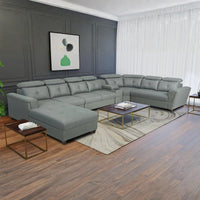 Arnold 8 Seater Sofa with Lounger and Cup Holder Beige | Corner Sofa Couch with Moveable Headrest | U Shape Sectional Sofa Set Living Room Office Home