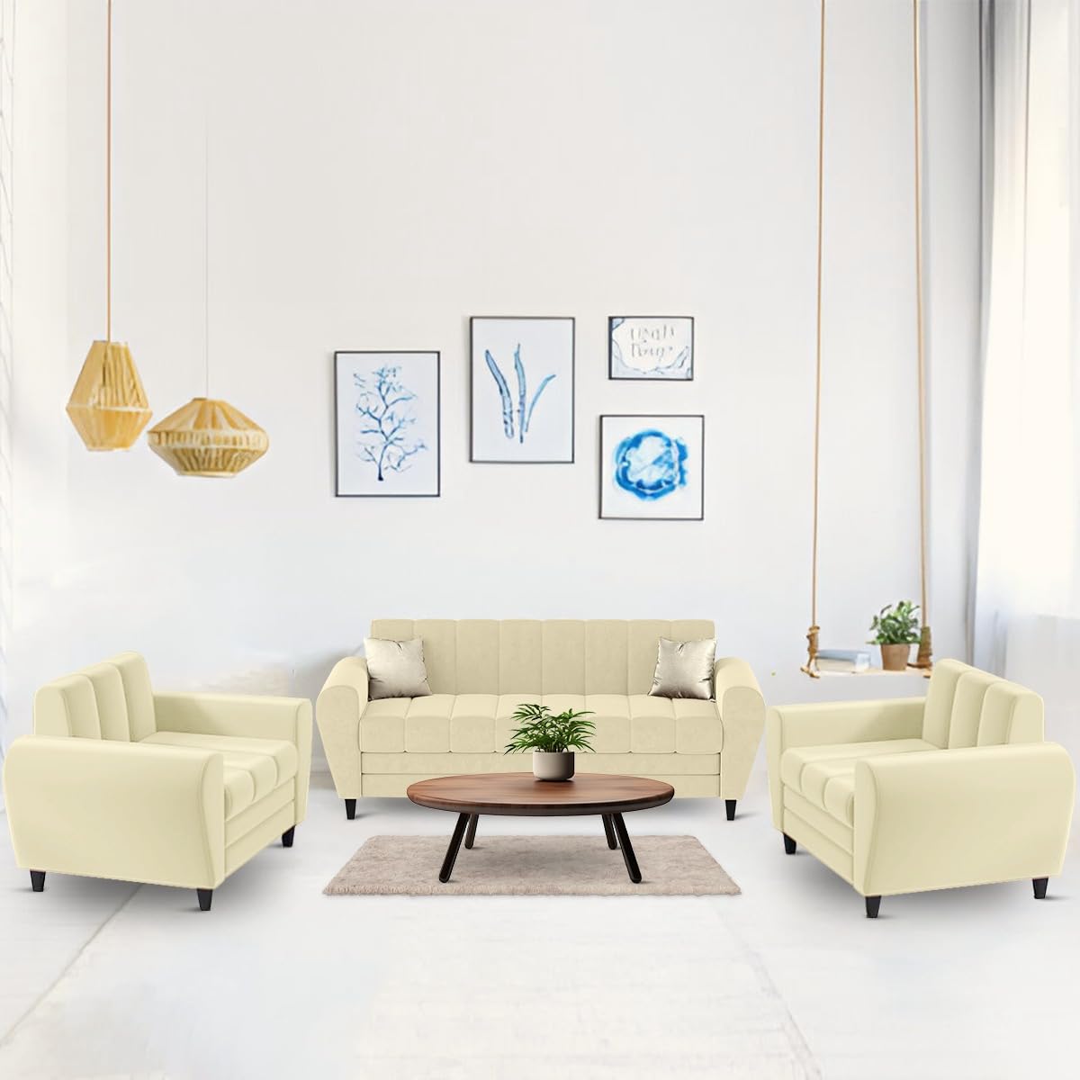 Bali 3 Seater Fabric Sofa with 2 Cushions | Wooden Fabric Sofa