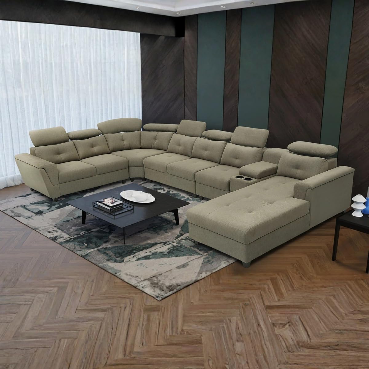 Arnold 8 Seater Sofa with Lounger and Cup Holder Beige | Corner Sofa Couch with Moveable Headrest | U Shape Sectional Sofa Set Living Room Office Home