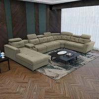 Arnold 8 Seater Sofa with Lounger and Cup Holder Beige | Corner Sofa Couch with Moveable Headrest | U Shape Sectional Sofa Set Living Room Office Home
