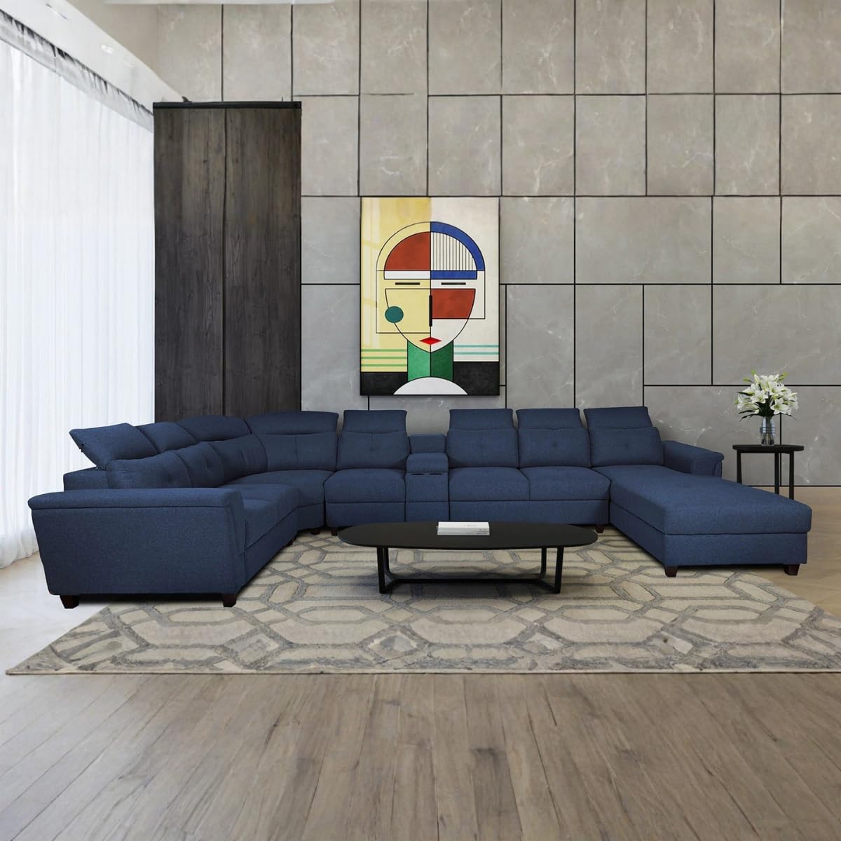 Arnold 8 Seater Sofa with Lounger and Cup Holder Beige | Corner Sofa Couch with Moveable Headrest | U Shape Sectional Sofa Set Living Room Office Home