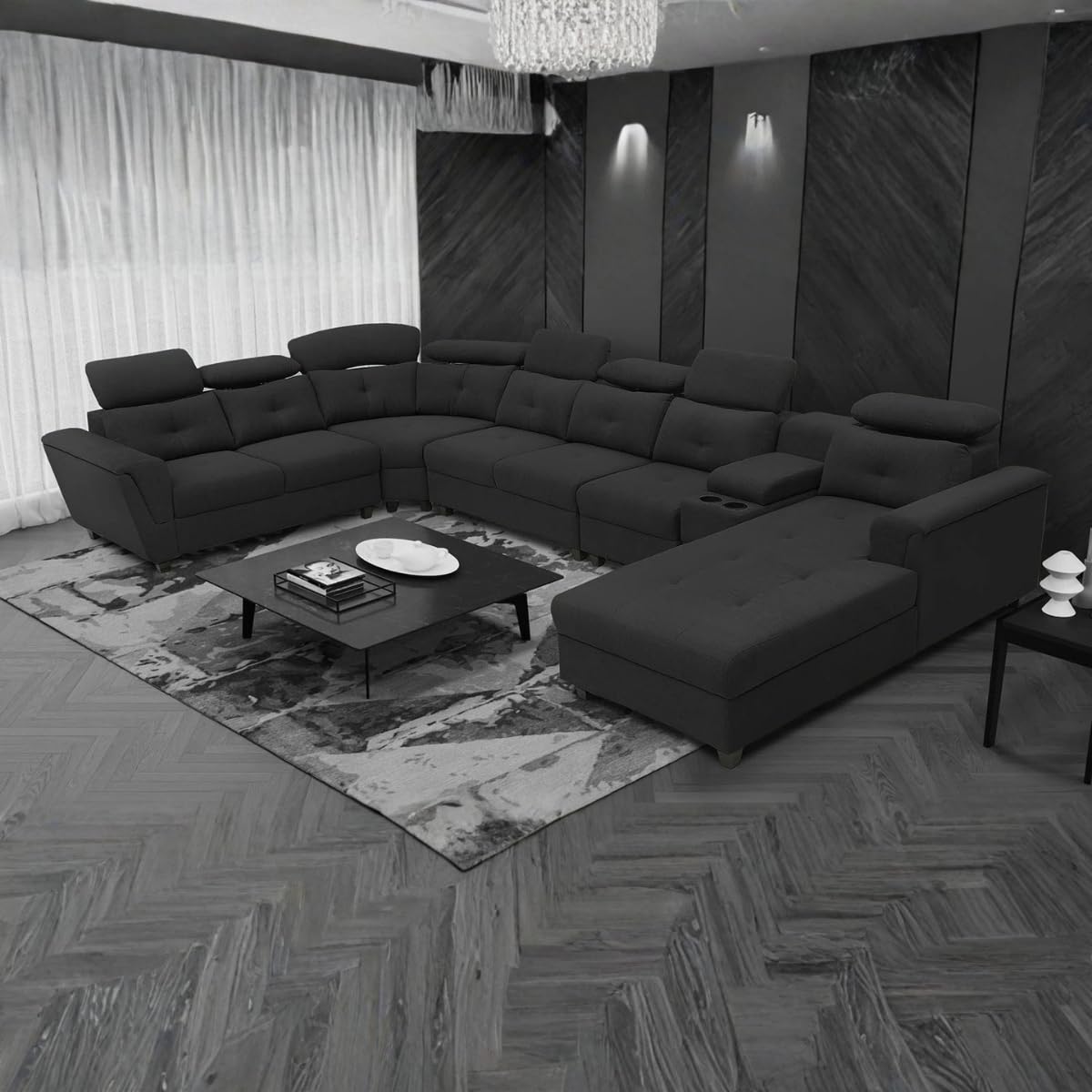 Arnold 8 Seater Sofa with Lounger and Cup Holder Beige | Corner Sofa Couch with Moveable Headrest | U Shape Sectional Sofa Set Living Room Office Home