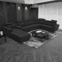 Arnold 8 Seater Sofa with Lounger and Cup Holder Beige | Corner Sofa Couch with Moveable Headrest | U Shape Sectional Sofa Set Living Room Office Home