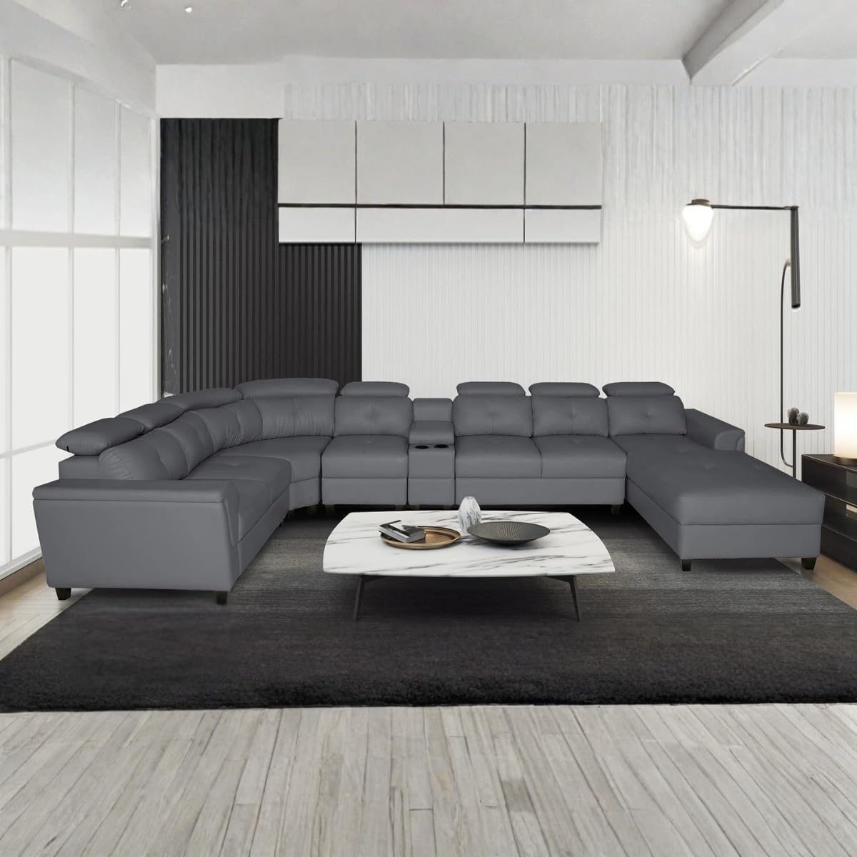 Arnold 8 Seater Sofa with Lounger and Cup Holder Beige | Corner Sofa Couch with Moveable Headrest | U Shape Sectional Sofa Set Living Room Office Home